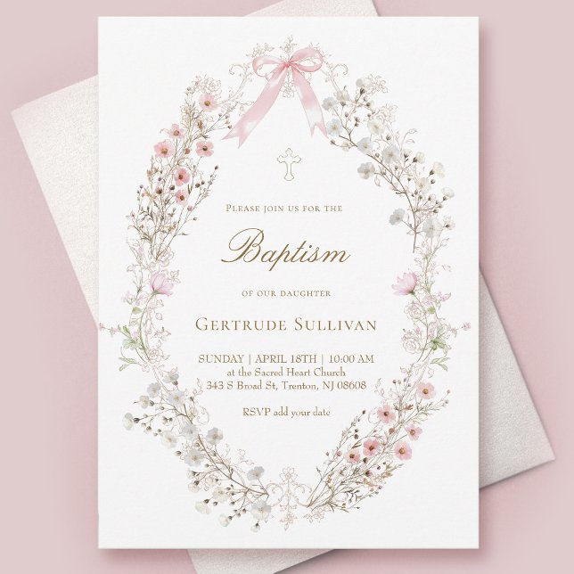 delicate pink flowers frame Baptism Invitation (Creator Uploaded)