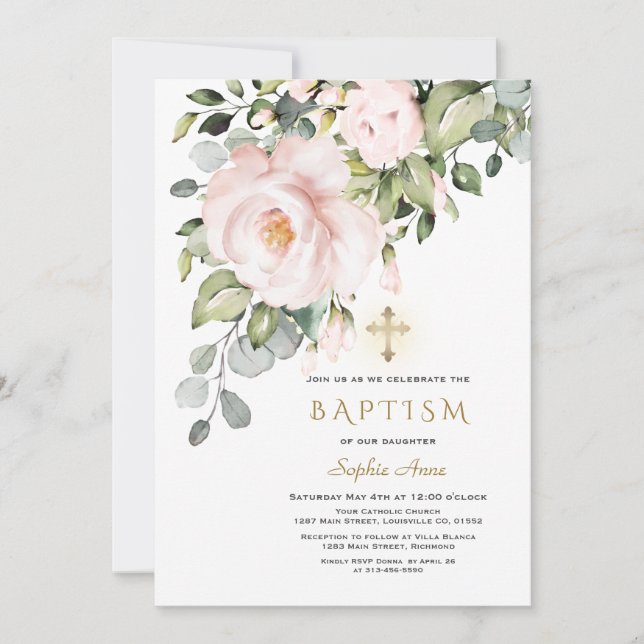Delicate Pink Flowers Gold Cross Girl Baptism Invitation (Front)