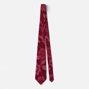 Delicate Pink Flowers on Dark Red Background Tie
