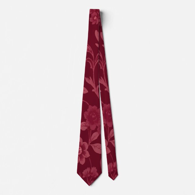 Delicate Pink Flowers on Dark Red Background Tie (Front)