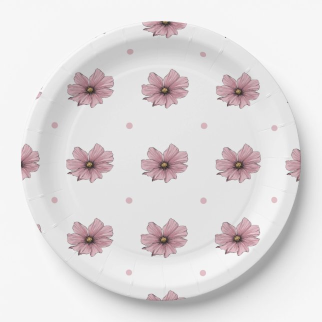 Delicate pink flowers polka dots paper plate (Front)