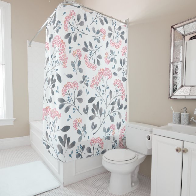 Delicate Pink Flowers Watercolors Pattern Shower Curtain (In Situ)