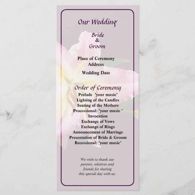 Delicate Pink Lilies Wedding Program (Front)