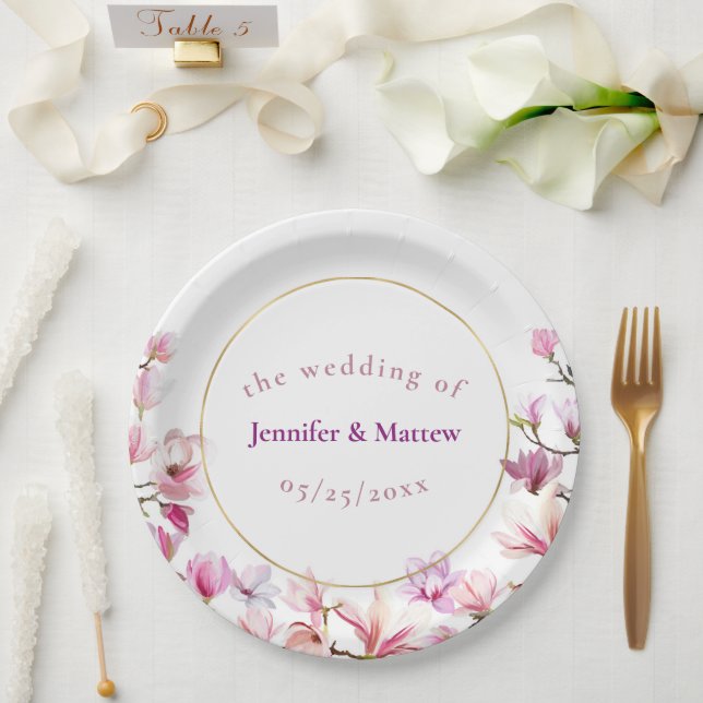 Delicate Pink Magnolia Custom Wedding Paper Plate (Wedding)