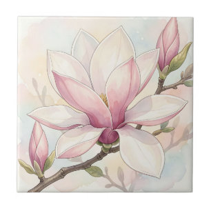 Delicate Pink Magnolia Watercolor Bloom Ceramic Tile
