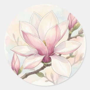 Delicate Pink Magnolia Watercolor Bloom Classic Round Sticker