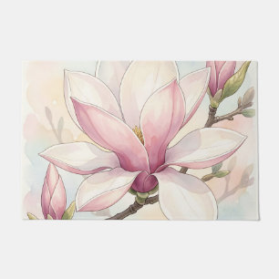 Delicate Pink Magnolia Watercolor Bloom Doormat