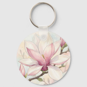 Delicate Pink Magnolia Watercolor Bloom Key Ring
