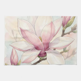 Delicate Pink Magnolia Watercolor Bloom Tea Towel