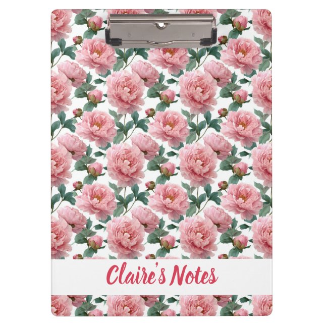 Delicate Pink Peony Pattern Name Clipboard (Front)