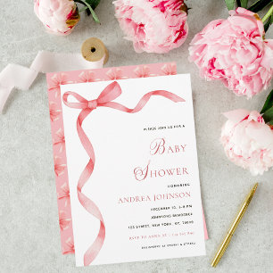 Delicate Pink Ribbon Bow Modern Girl Baby Shower Save The Date
