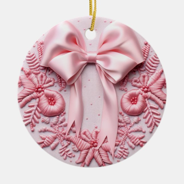 Delicate Pink Ribbon Embroidery Ceramic Ornament (Front)
