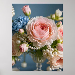 Delicate pink rose with pearl in vase  poster