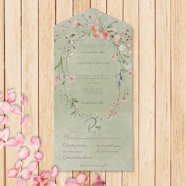 Delicate Pink Rustic Wildflowers Sage Dinner All In One Invitation (Also available with a QR code or without dinner selection options.)