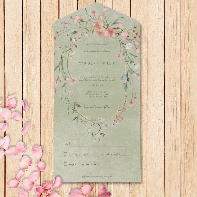Delicate Pink Rustic Wildflowers Sage No Dinner All In One Invitation (Also available with a QR code or with dinner selection options.)