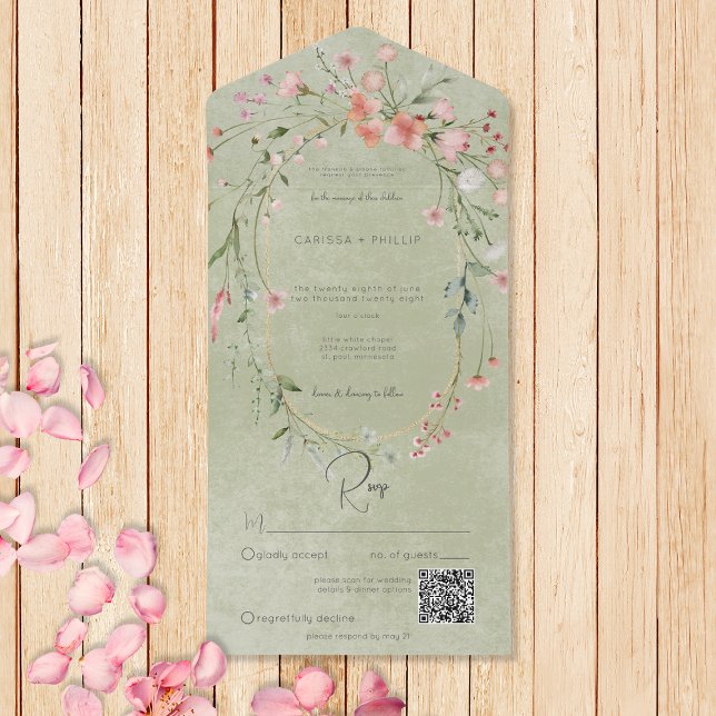 Delicate Pink Rustic Wildflowers Sage QR Code All In One Invitation (Also available without a QR code; with or without dinner selection options.)