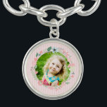 Delicate Pink Stripes Custom Photo Floral Frame Charm Bracelet<br><div class="desc">Delicate and sweet floral wreath design.</div>