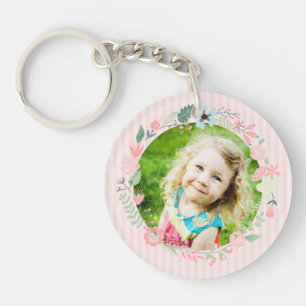 Delicate Pink Stripes Custom Photo Floral Frame Key Ring