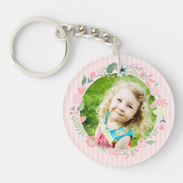 Delicate Pink Stripes Custom Photo Floral Frame Key Ring (Front)