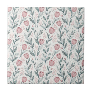 Delicate Pink Tulip & Line Drawing Floral Pattern Ceramic Tile