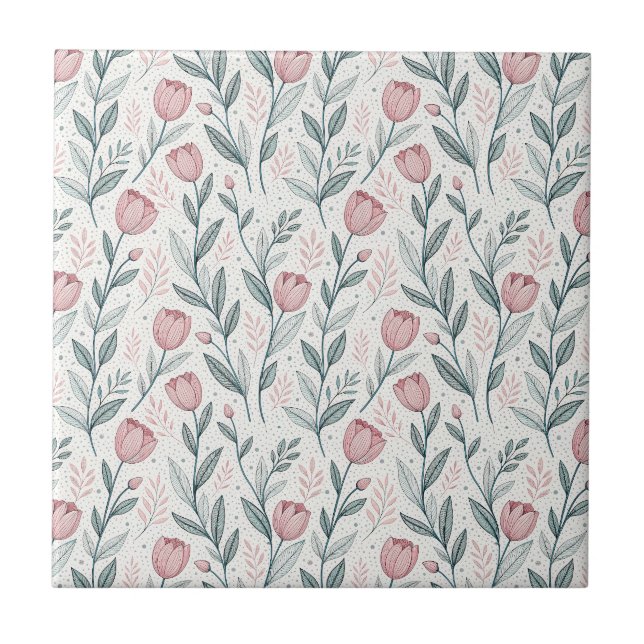 Delicate Pink Tulip & Line Drawing Floral Pattern Ceramic Tile (Front)