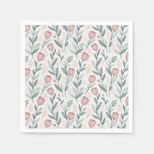 Delicate Pink Tulip & Line Drawing Floral Pattern Napkin