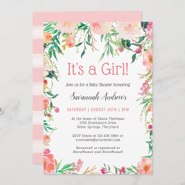 Delicate Pink Watercolor Floral Baby Shower Invitation (Front/Back)