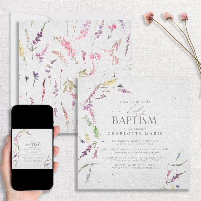 Delicate Pink Watercolor Floral Girl Baptism Invitation (Creator Uploaded)