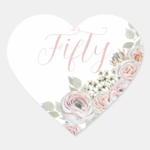 Delicate pink watercolor flowers «Fifty» Birthday Heart Sticker