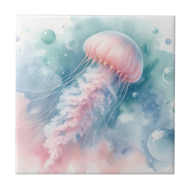 Delicate Pink Watercolor Jellyfish Ceramic Tile (Front)