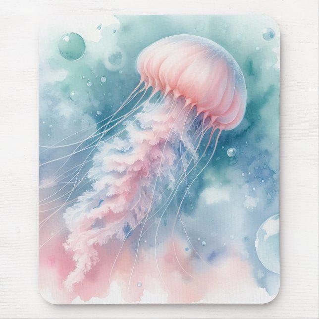Delicate Pink Watercolor Jellyfish Mouse Pad (Front)