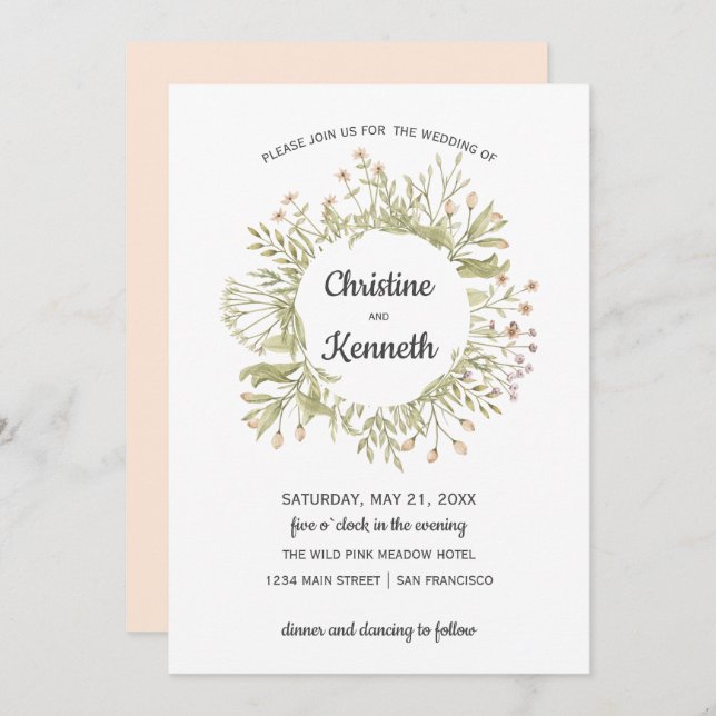 Delicate Pink wildflowers wreath Botanical Wedding Invitation (Front/Back)