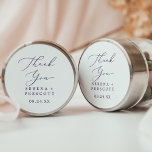 Delicate Plum Purple Thank You Wedding Favour Classic Round Sticker<br><div class="desc">These delicate plum purple thank you wedding favour stickers are perfect for a modern wedding reception. The romantic minimalist design features lovely and elegant dark purple typography on a white background with a clean and simple look. Personalise the sticker labels with your names, the event (if applicable), and the date....</div>