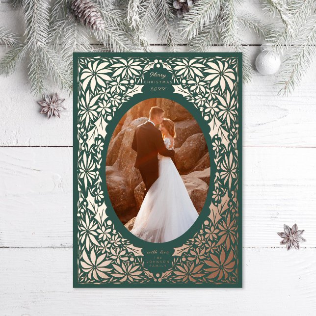 Delicate Poinsettia Green Oval Frame Photo Rose Foil Holiday Card (Creator Uploaded)