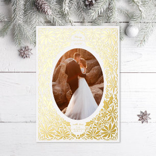 Delicate Poinsettia Oval Frame Photo Foil Holiday Card