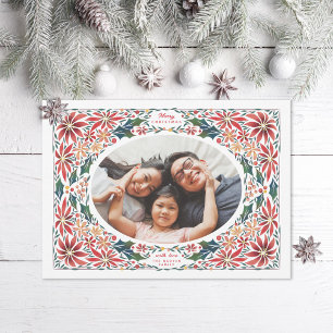 Delicate Poinsettia Oval Frame Photo Holiday Card