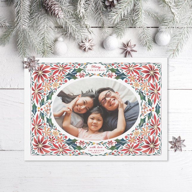 Delicate Poinsettia Oval Frame Photo Holiday Card (Creator Uploaded)