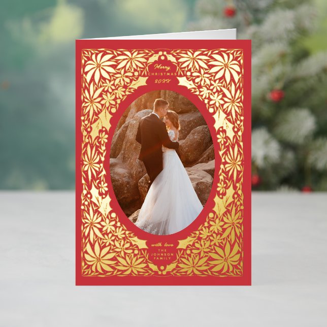 Delicate Poinsettia Red Oval Frame Photo Foil Holiday Card (Holiday In Situ)