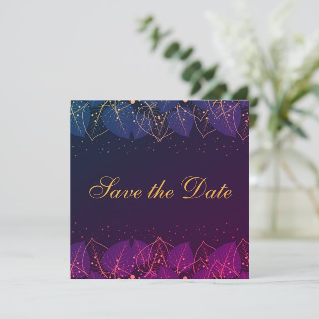Delicate Purple and Gold Leaves Save The Date (Standing Front)