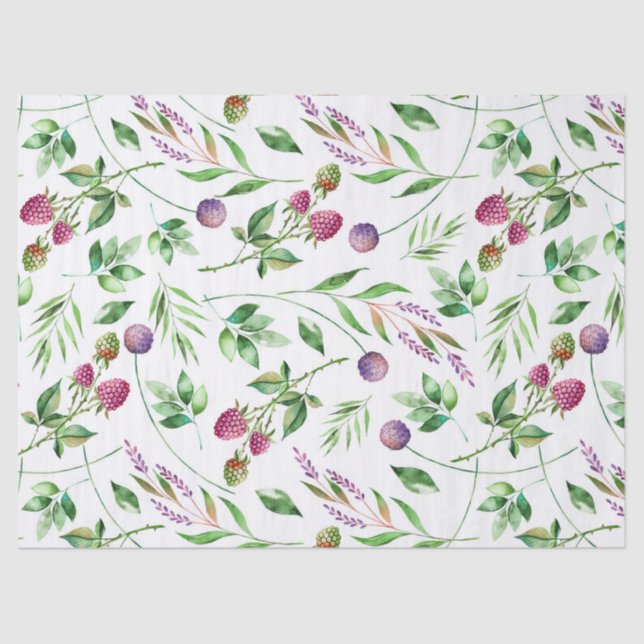 Delicate purple flowers & berries Pattern Tissue Paper (Front)