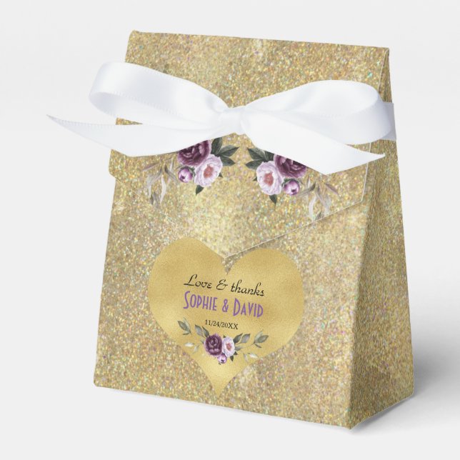 Delicate Purple Pink Flowers Gold Glitter Wedding Favour Box (Front Side)