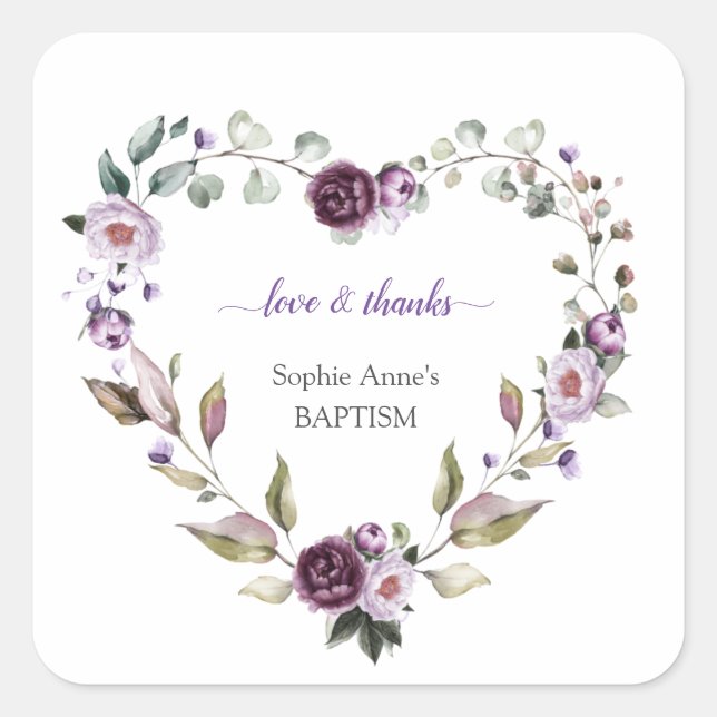 Delicate Purple Pink Peonies Flowers Baptism Square Sticker (Front)
