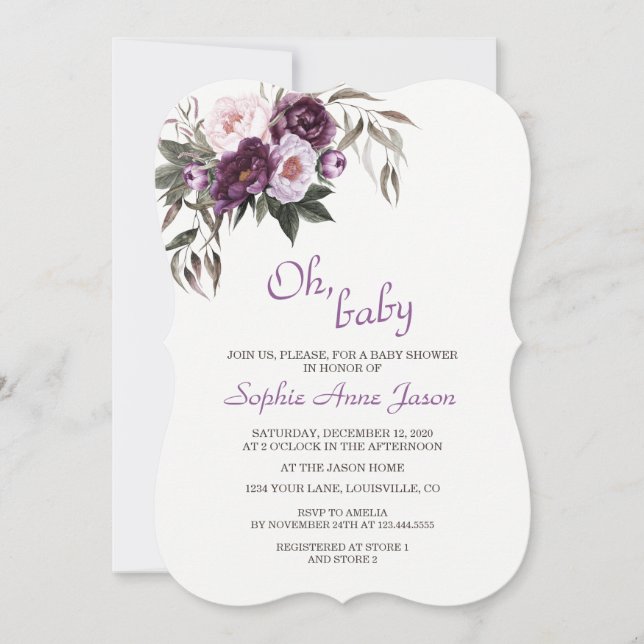 Delicate Purple Pink Peony Flowers Baby Shower Invitation (Front)