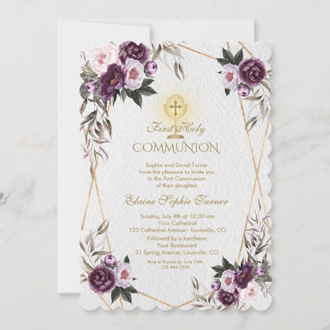 Delicate Purple Pink Peony Flowers Holy Communion Invitation (Front)