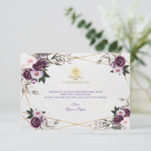 Delicate Purple Pink Peony Flowers Holy Communion Thank You Card