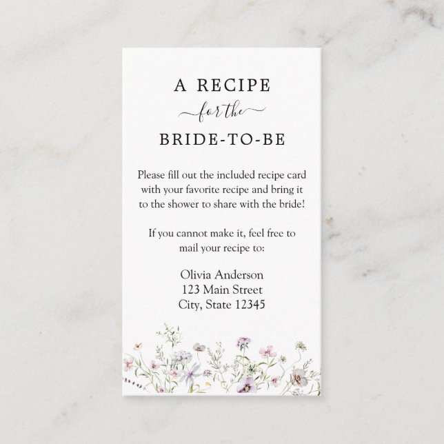 Delicate Purple Wildflower Bridal Recipe Request Enclosure Card (Front)