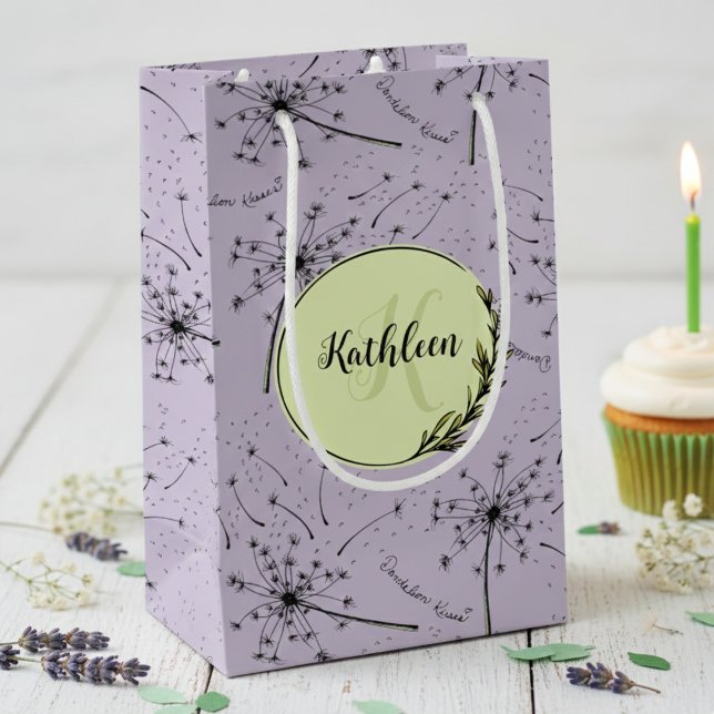 Delicate Purple Wildflower Dandelion Kisses Floral Small Gift Bag (Dandelion Kisses Floral Gift Bag for Her. Purple Monogrammed Dandelion Pattern for Wildflower Lover)