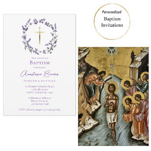 Delicate Purple Wildflowers Wreath Baptism Invitation