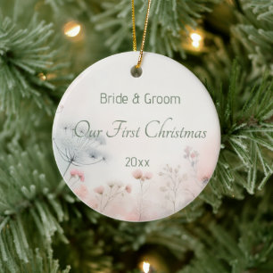 Delicate Queen Anne's Lace Wedding First Christmas Ceramic Ornament