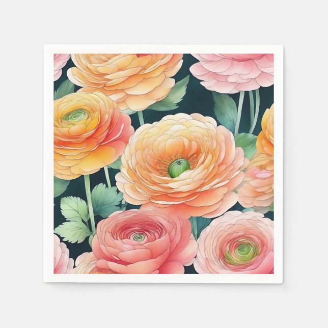 Delicate Ranunculus Flowers Watercolor Napkin (Front)